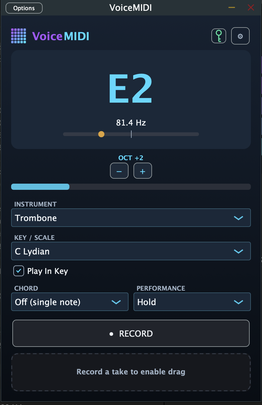 VoiceMIDI app showing E2 detection, Trombone instrument, C Lydian key and scale, Play In Key, chord mode, performance mode, record, and MIDI drag area